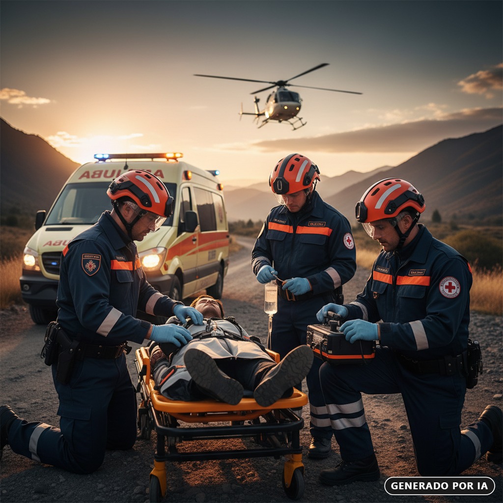 Generada por IA: Tres paramédicos atienden a un paciente en una camilla junto a una ambulancia y un helicóptero de rescate al atardecer.